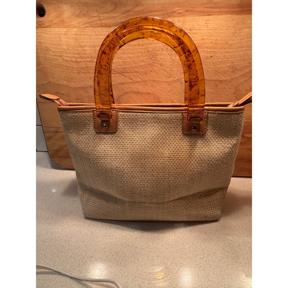 Relic by Fossil Woven Straw Tote Bag Tortoiseshell Handles Tan Striped lining